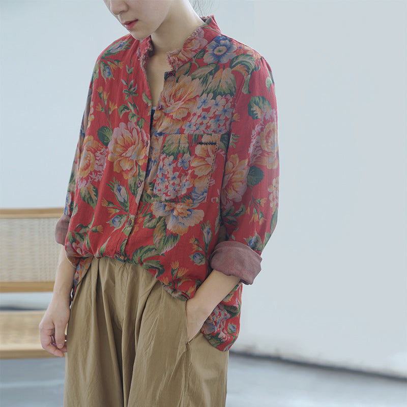 Red Cotton Floral Shirt