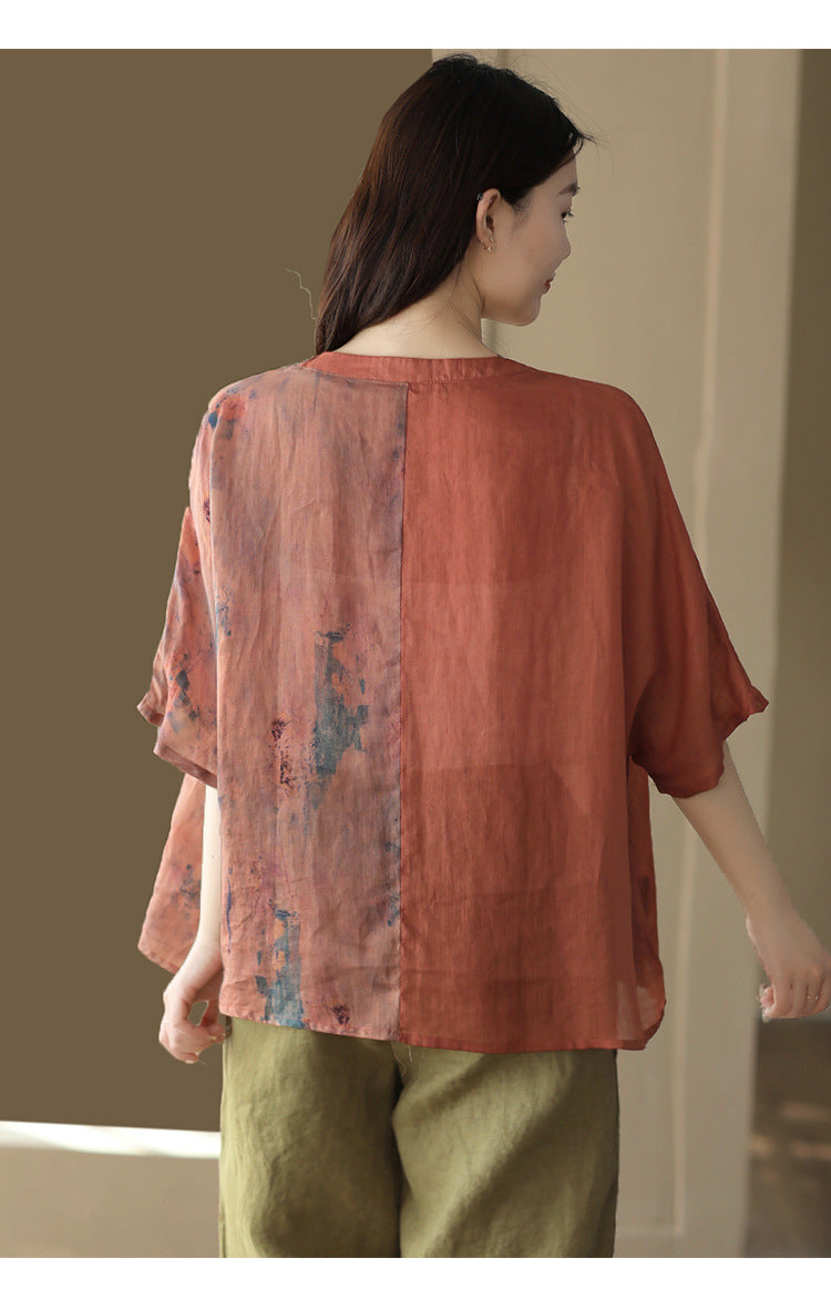 Ramie Embroidered Color-block Blouse