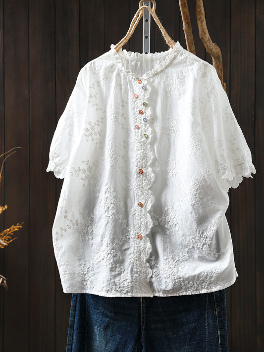 Lace Trim Jacquard Cotton Shirt