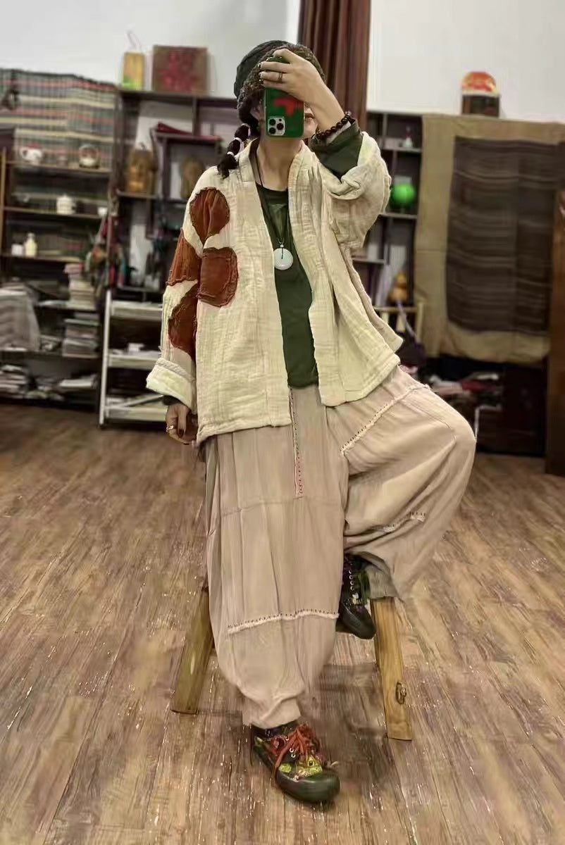 boho outfit styled with linen appliqué cardigan