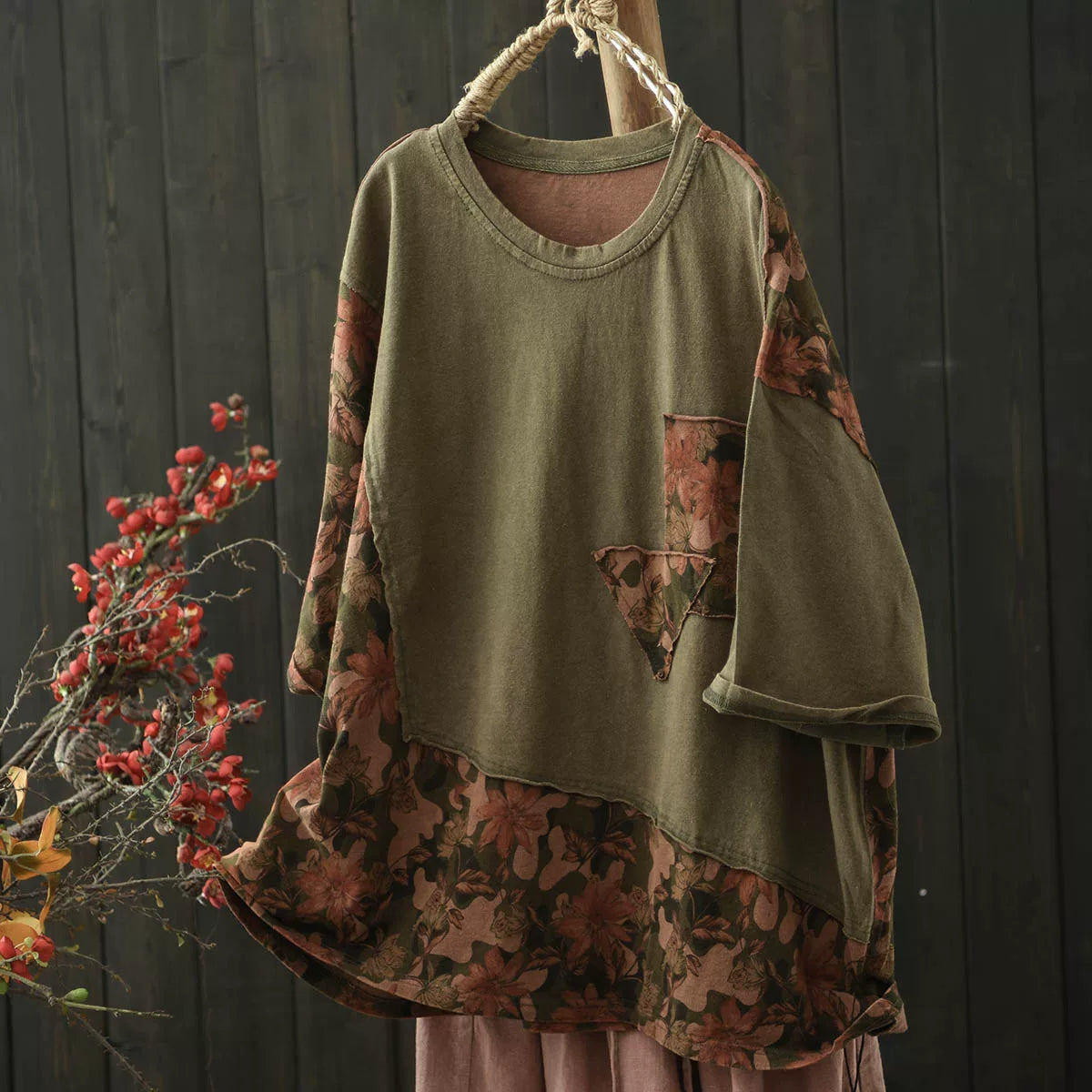 Appliqué Print Top vintage long sleeve artistic patchwork blouse