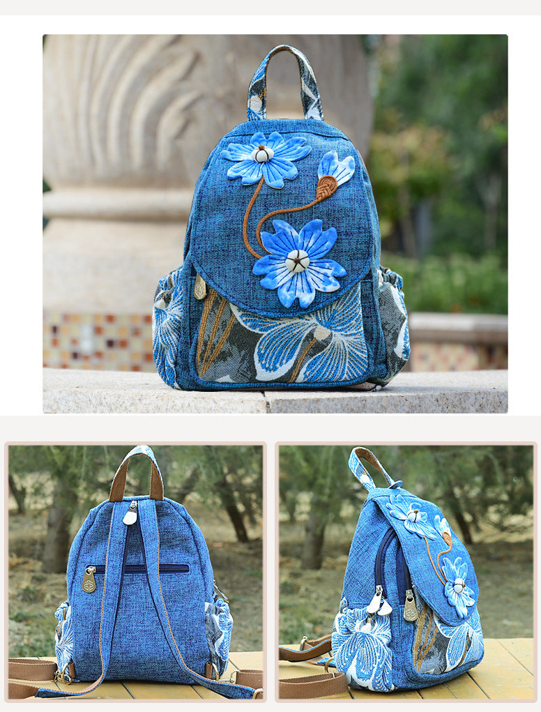 Close-up of artisan hand-stitching on durable linen canvas fabric