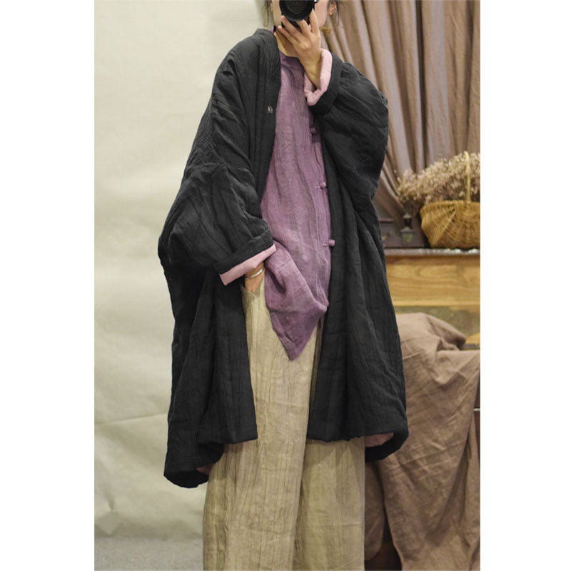 Front view of cozy distressed linen quilted coat