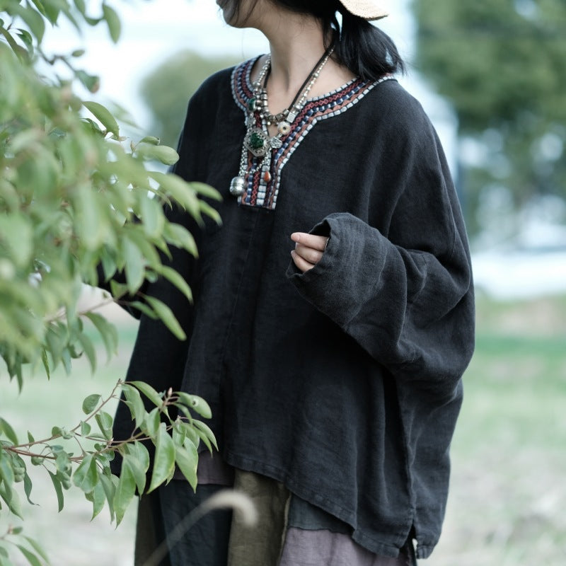 embroidered accents on Bohemian linen top