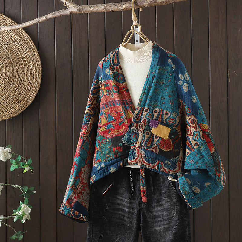 Blue Patchwork Quilted Jacket – Vintage Boho Padded Winter Coat ...