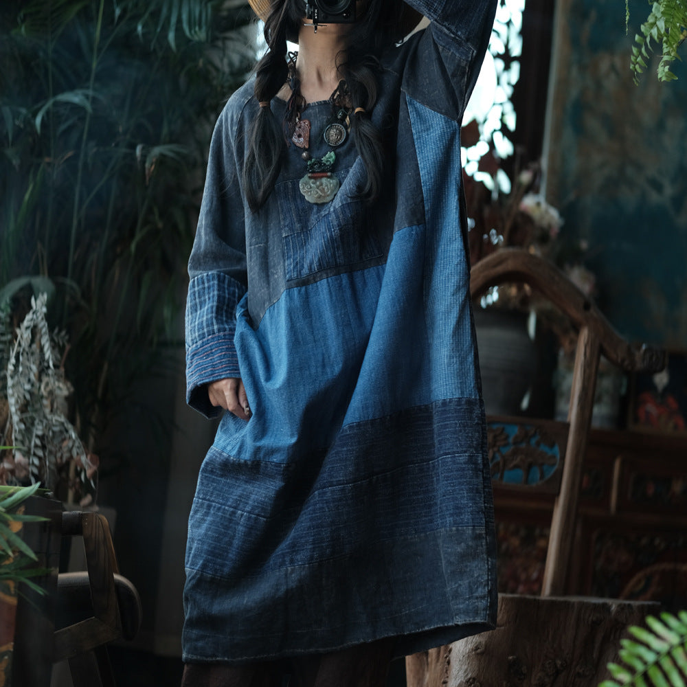 Front view of blue patchwork distressed dress vintage boho style