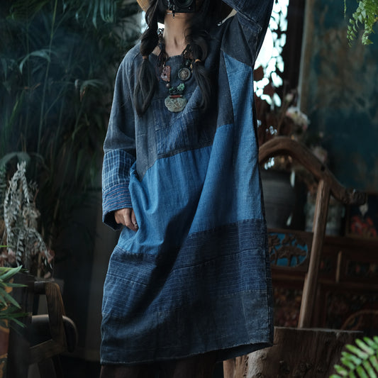 Front view of blue patchwork distressed dress vintage boho style