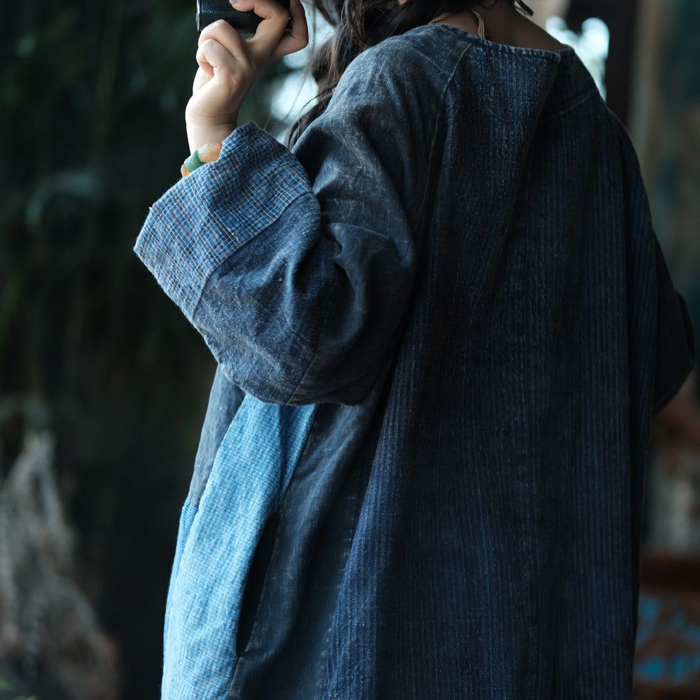 Back view of hippie style blue patchwork dress