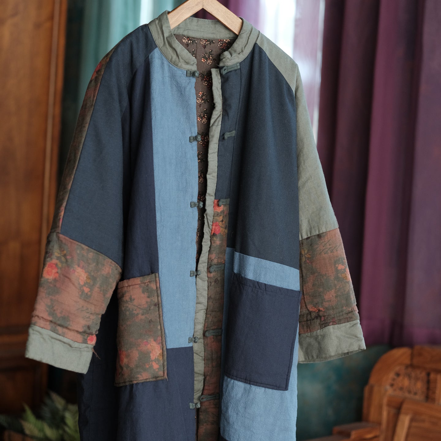 showing patchwork color combination and relaxed fit