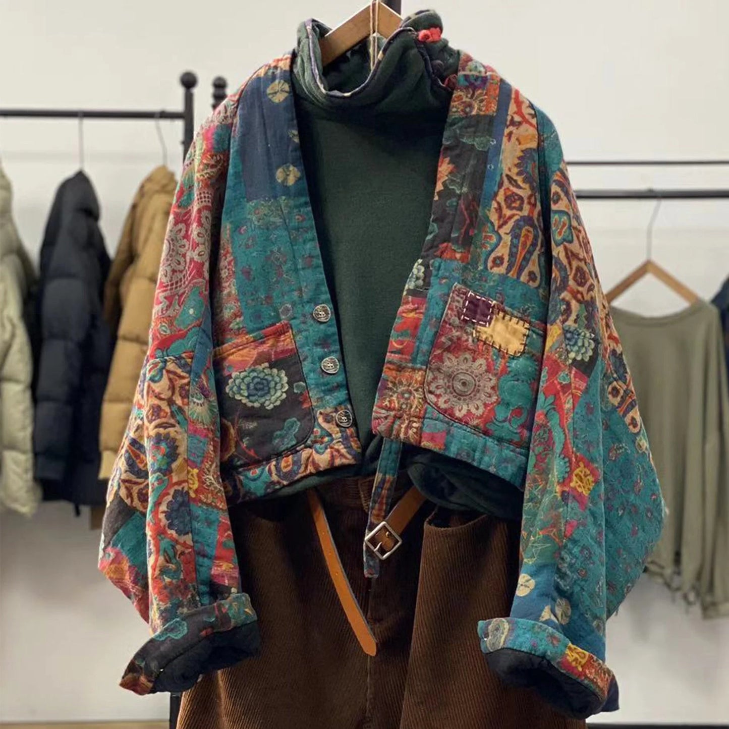 Front view of vintage floral cotton quilted kimono jacket