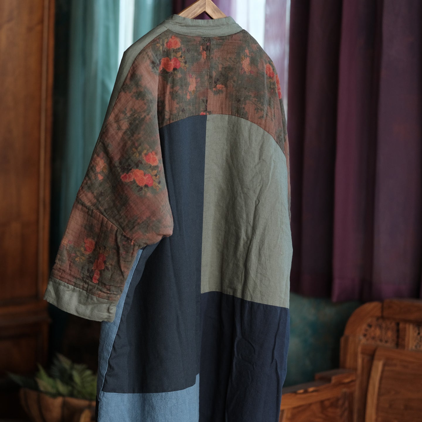 Blue Colorblock Patchwork Quilted Coat