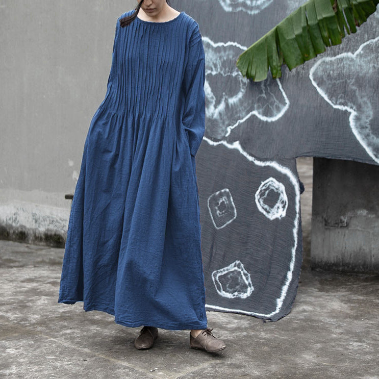 Blue view of lightweight accordion pleated dress
