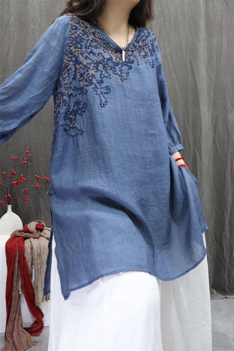Vintage embroidered ramie blouse for women