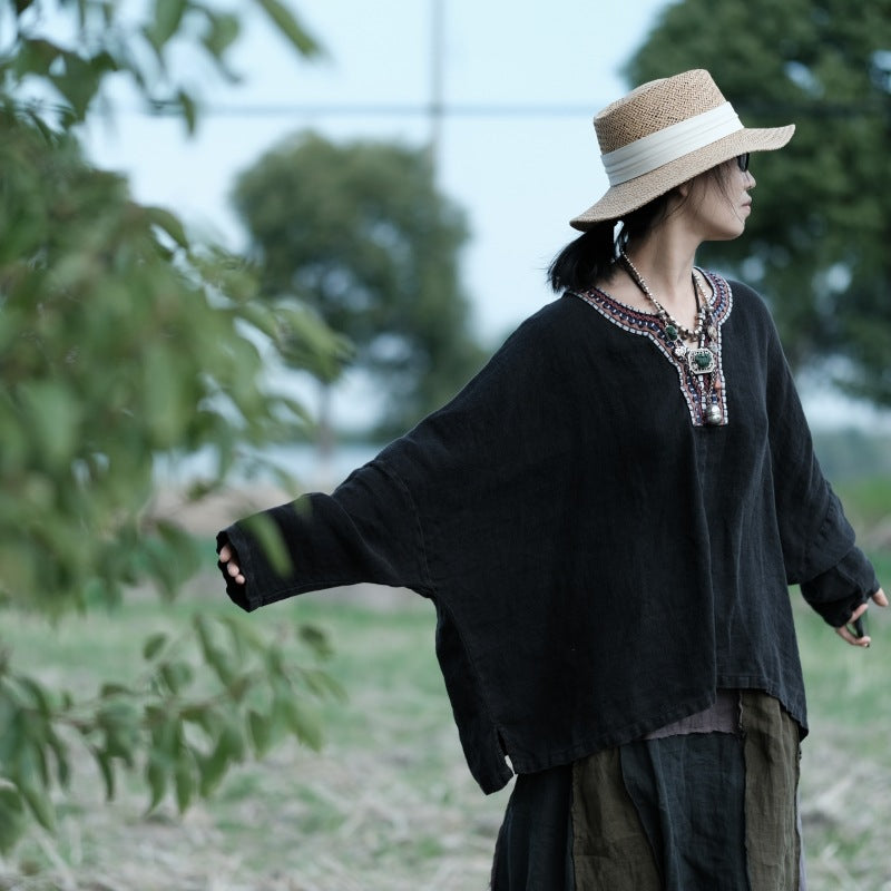 Model styling Bohemian Embroidered Linen Top with shorts for summer look