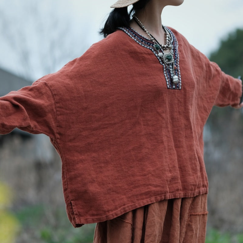 Front view of Bohemian Embroidered Linen Top with V-neck embroidery