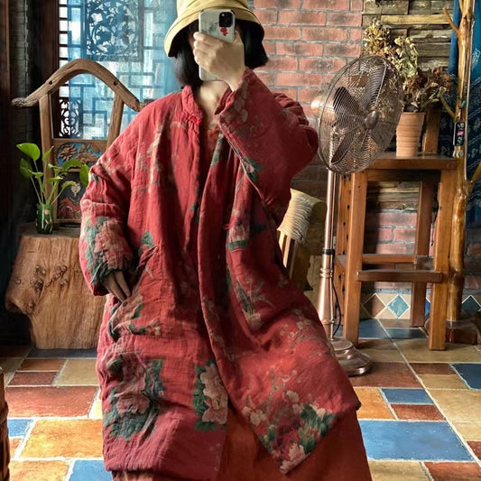 Bohemian floral quilted coat, front view, warm and comfortable