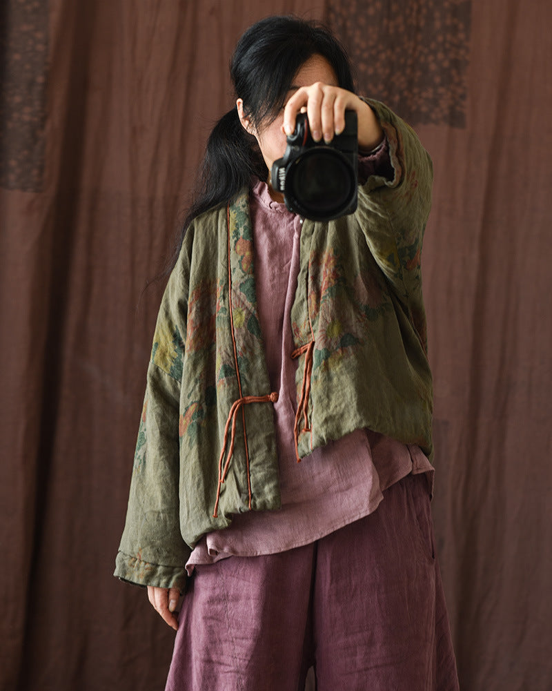 Close-up stitching detail of floral quilted short padded jacket