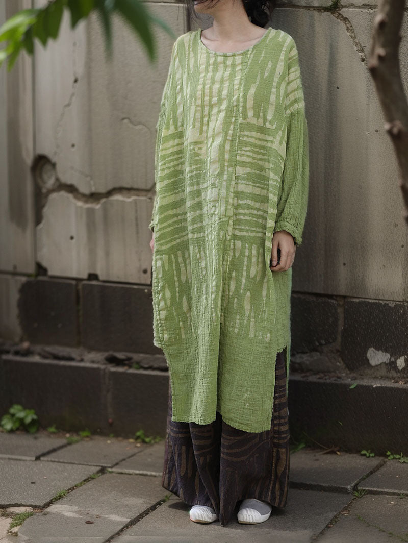 Front view of Bohemian Green Cotton-Linen Tunic Dress for women