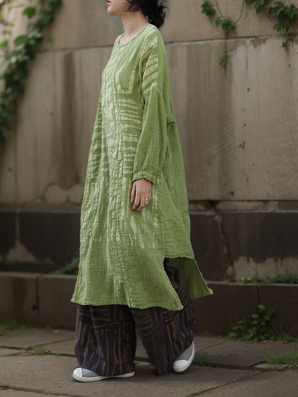 Side view showing relaxed fit of Bohemian Green Cotton-Linen Tunic Dress