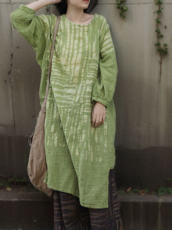 Close-up of fabric and stitching detail of Bohemian Green Cotton-Linen Tunic Dress