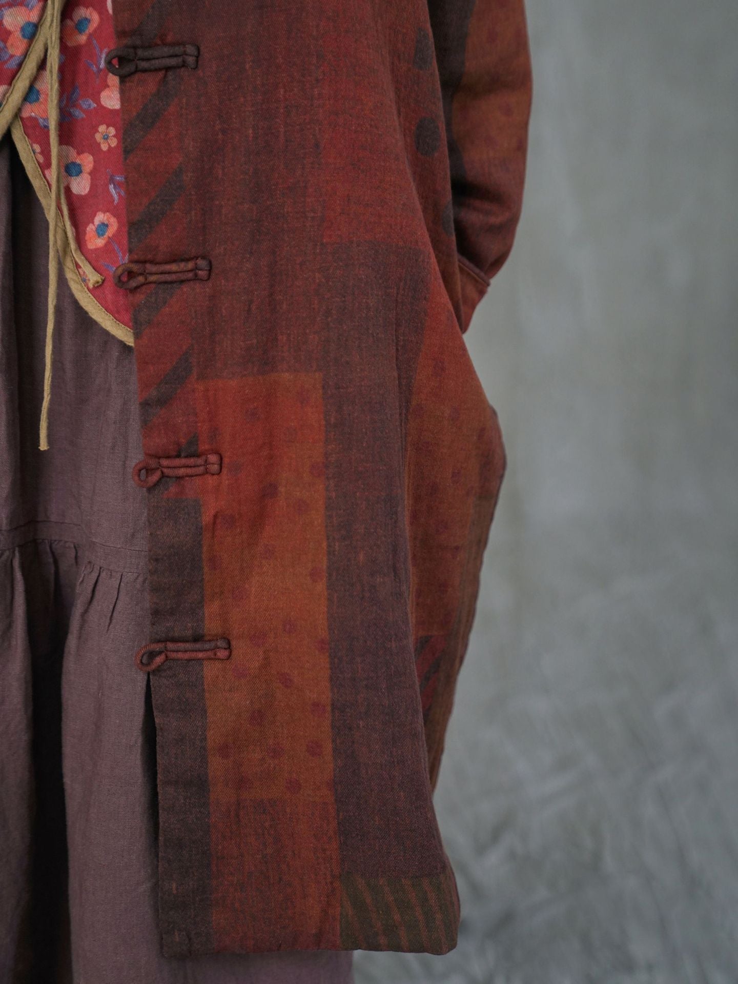 Close-up of soft padded fabric and vintage colorblock detail on jacket