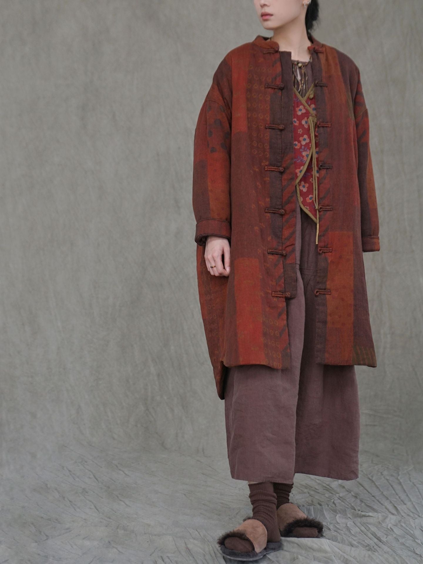 Lifestyle shot wearing Bohemian Vintage Quilted Jacket outdoors during fall