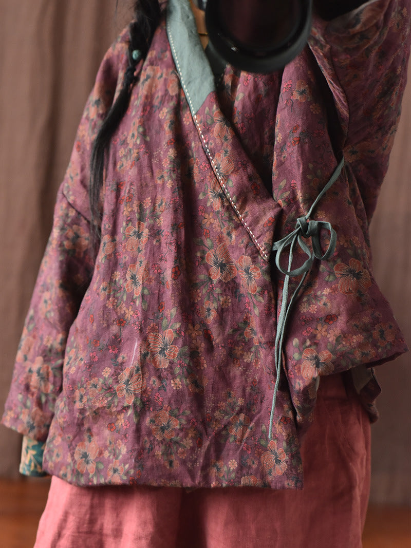 Winter outfit with tie-front linen padded quilted kimono jacket