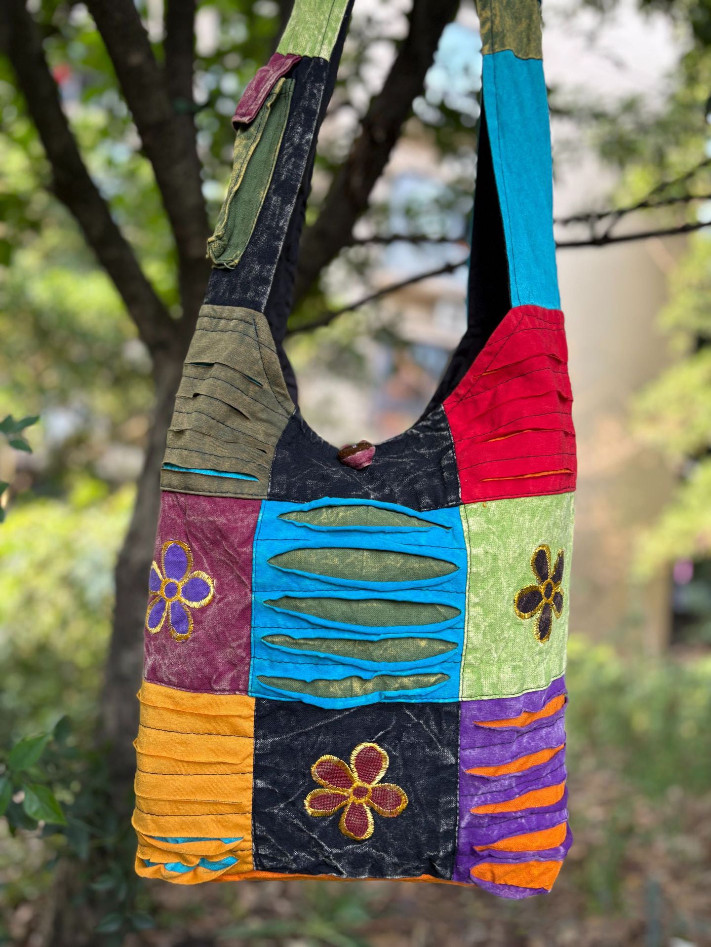 Close-up handmade detail of Nepal boho shoulder bag