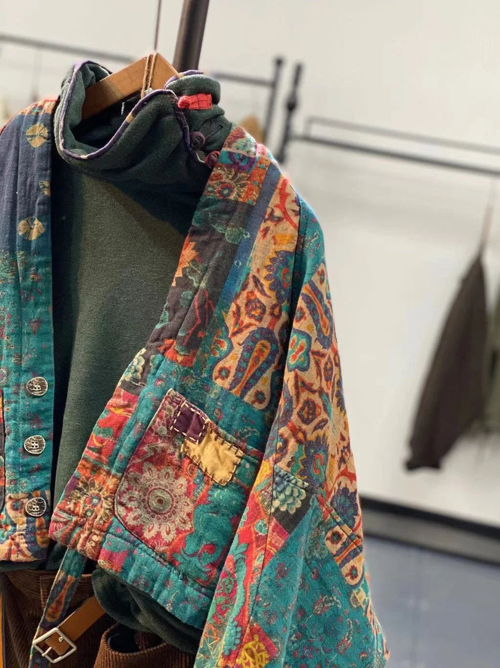 Back view of bohemian tie-front quilted kimono coat