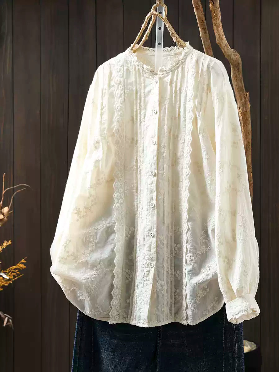 Front view of embroidered jacquard cotton blouse