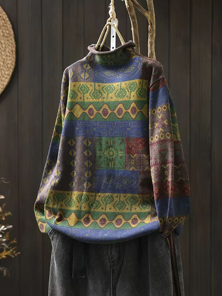 Winter outfit styled with boho vintage pattern knit sweater