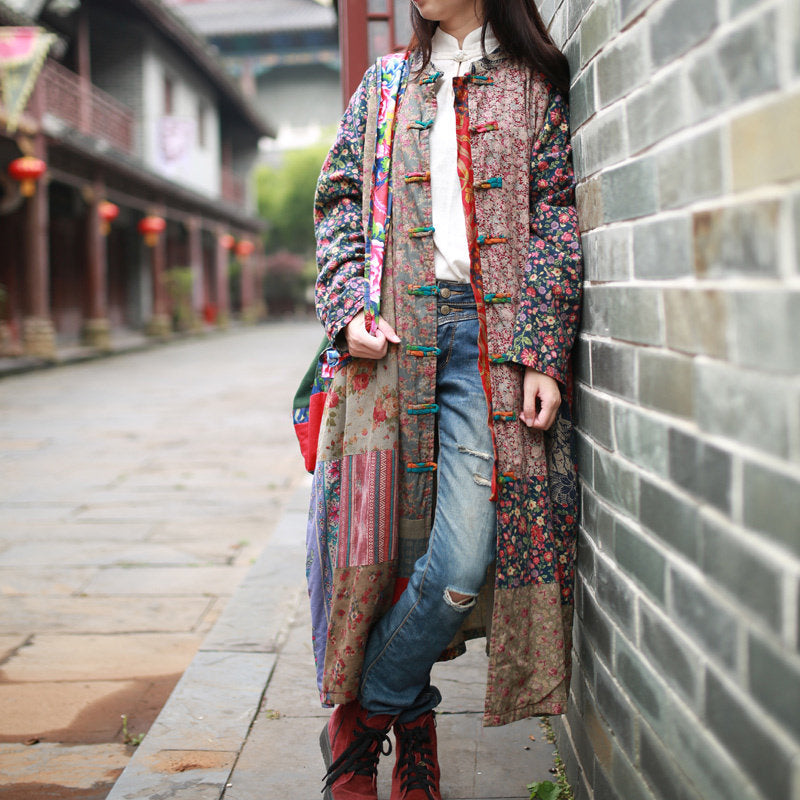 Boho cotton linen printed patchwork jacket front view