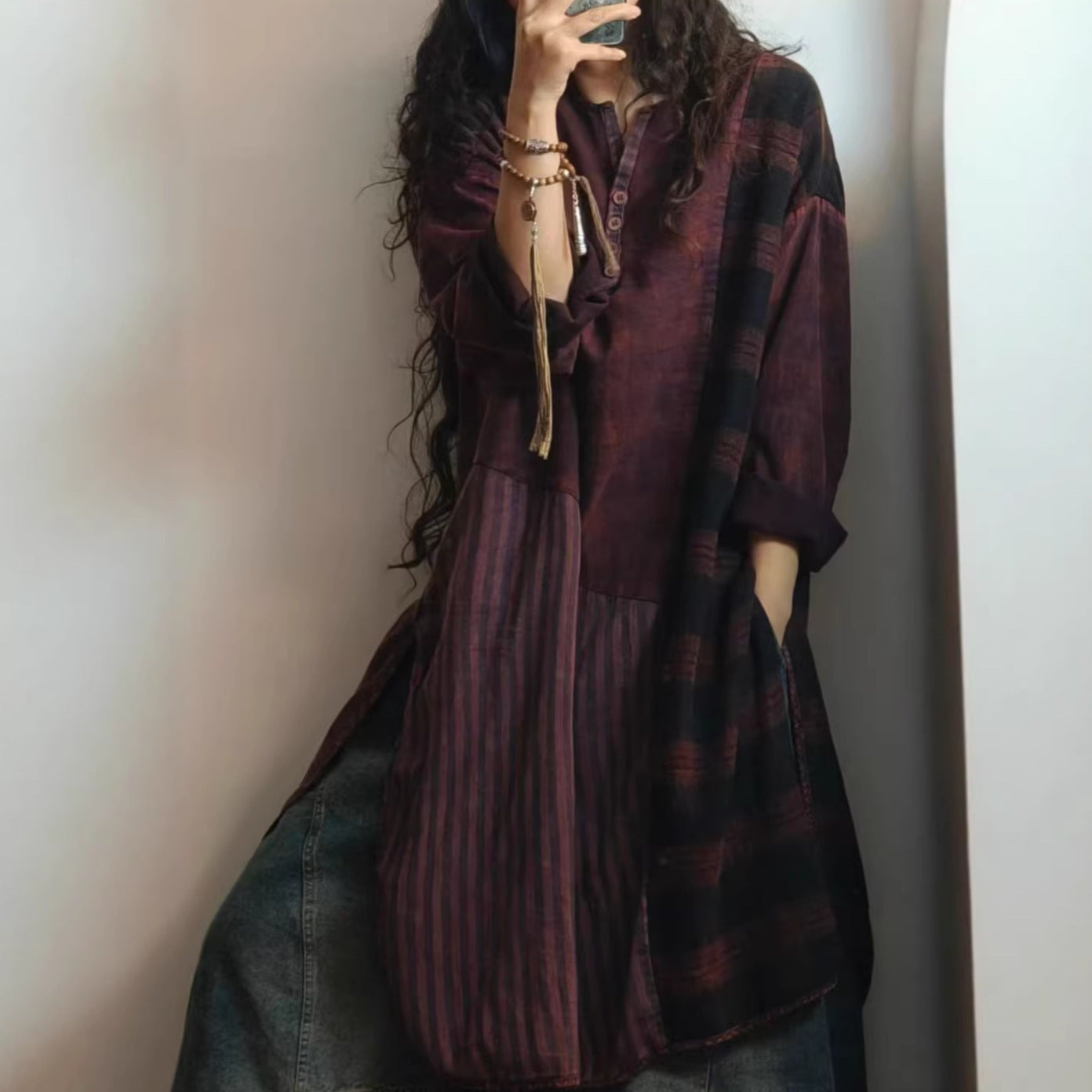 Side slit detail on vintage patchwork plaid top