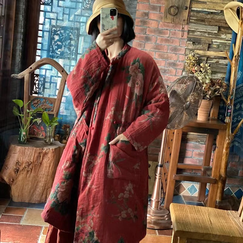 Model wearing bohemian floral quilted coat, back view