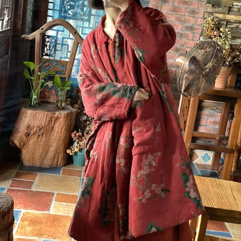 Side view of hippie-inspired floral quilted coat on model