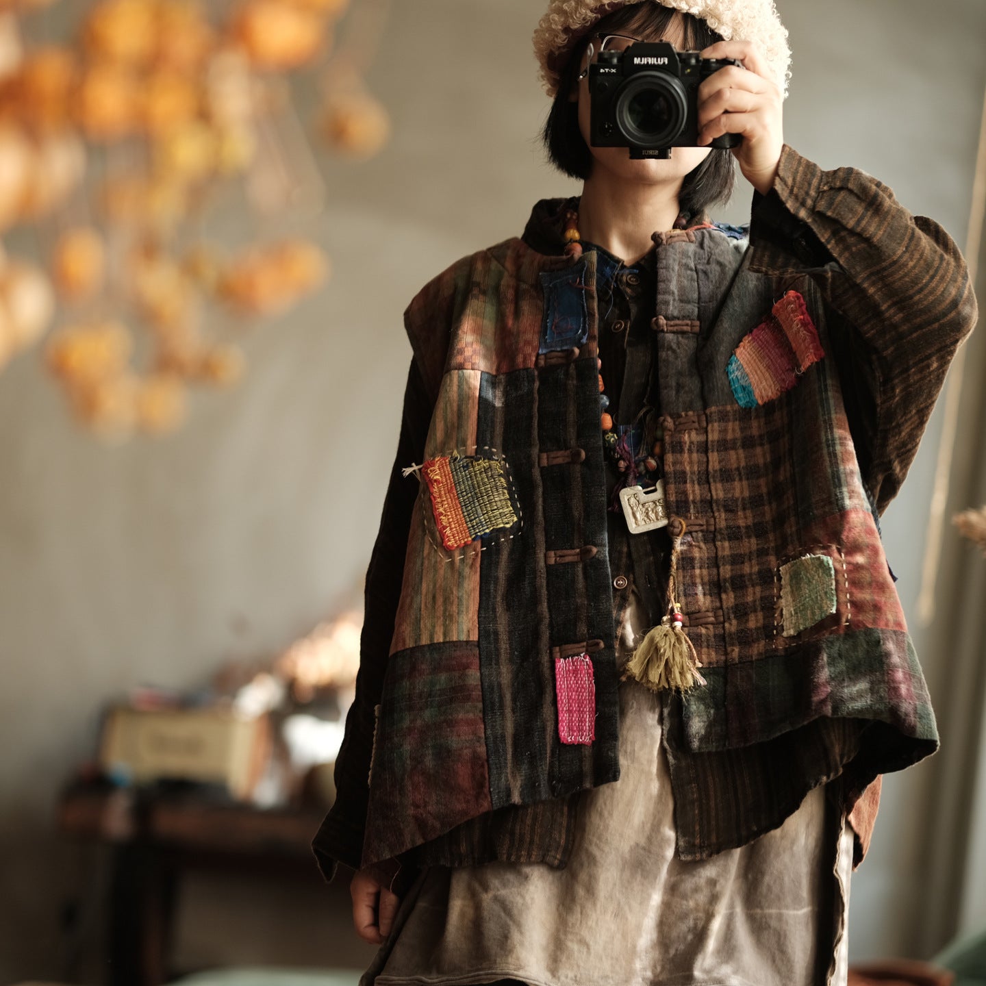 Boho outfit styled with patchwork quilted vest