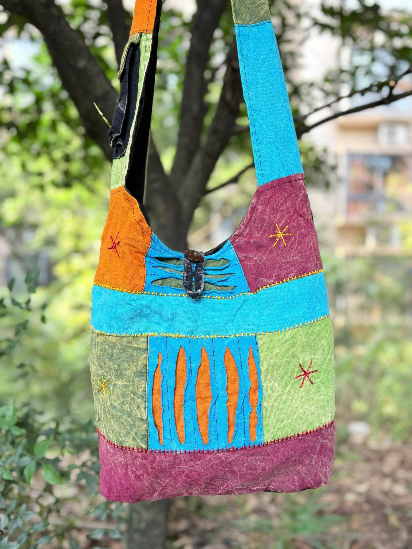 Fabric texture detail on Nepal handmade boho bag