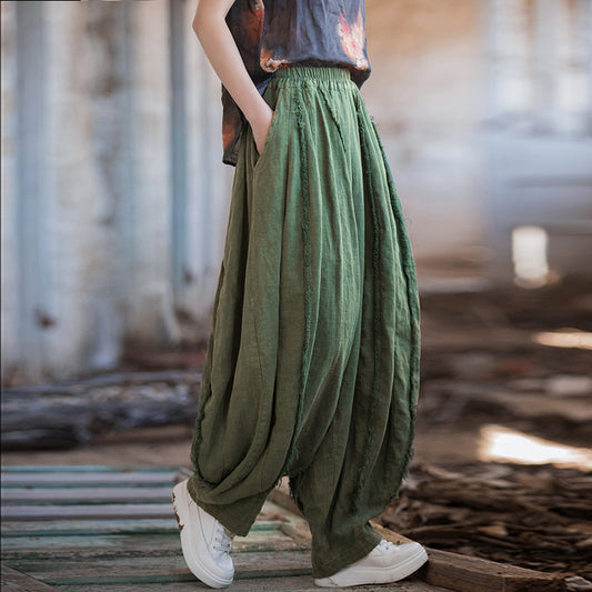 Front view of distressed cotton-linen pants vintage style