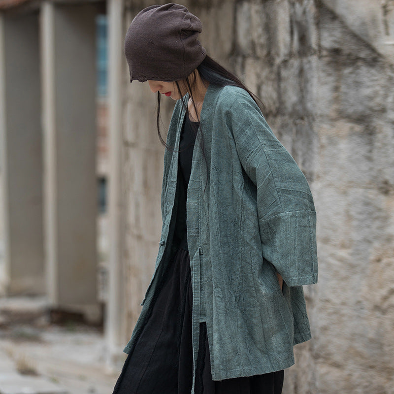 Hippie outfit with tie-dye distressed cotton-linen kimono jacket