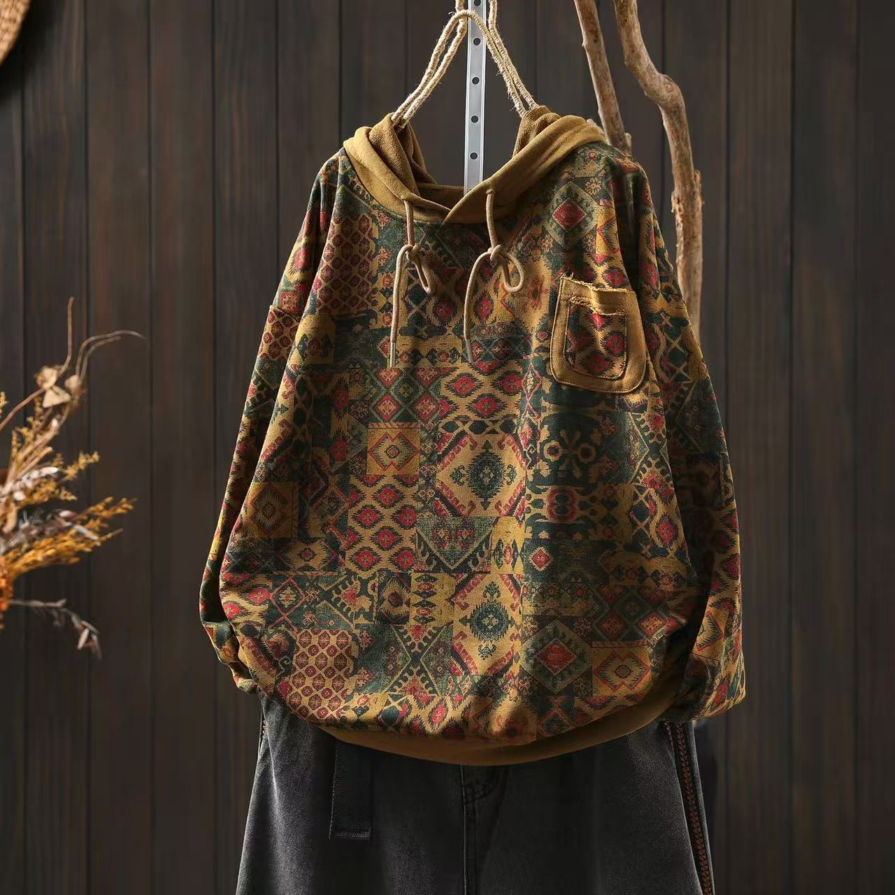 Casual fall outfit styled with boho vintage printed hoodie