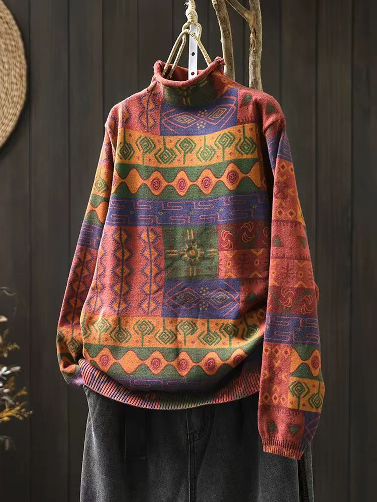 vintage pattern on boho knit sweater