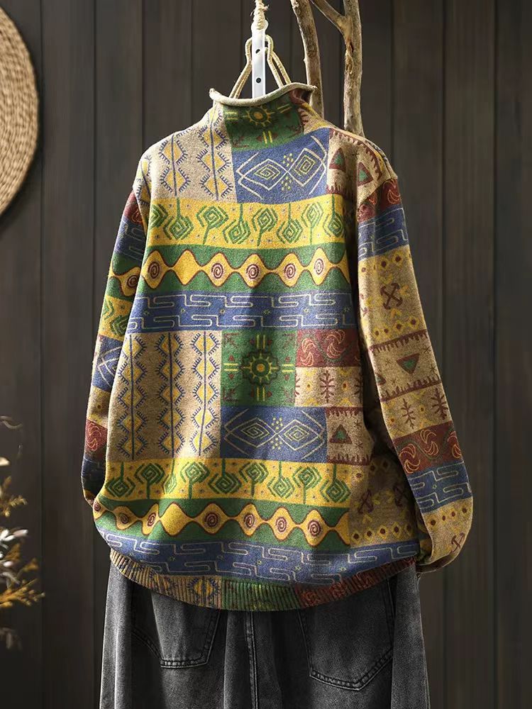 Back view of boho vintage knit pullover sweater