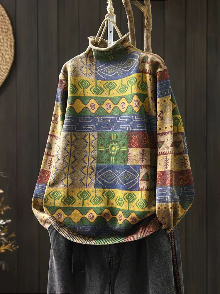 Front view of boho vintage pattern knit sweater for women