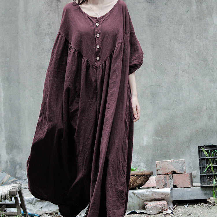 Close-up of the reinforced neckline on a cotton linen dress