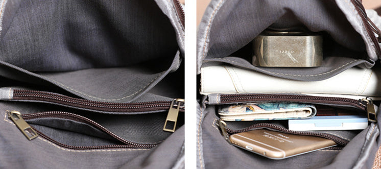 Internal view of a linen backpack showing pockets and spacious lining