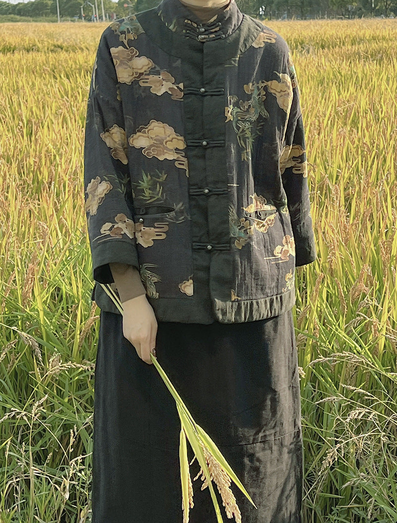 Outfit styling featuring vintage cloud-print quilted jacket