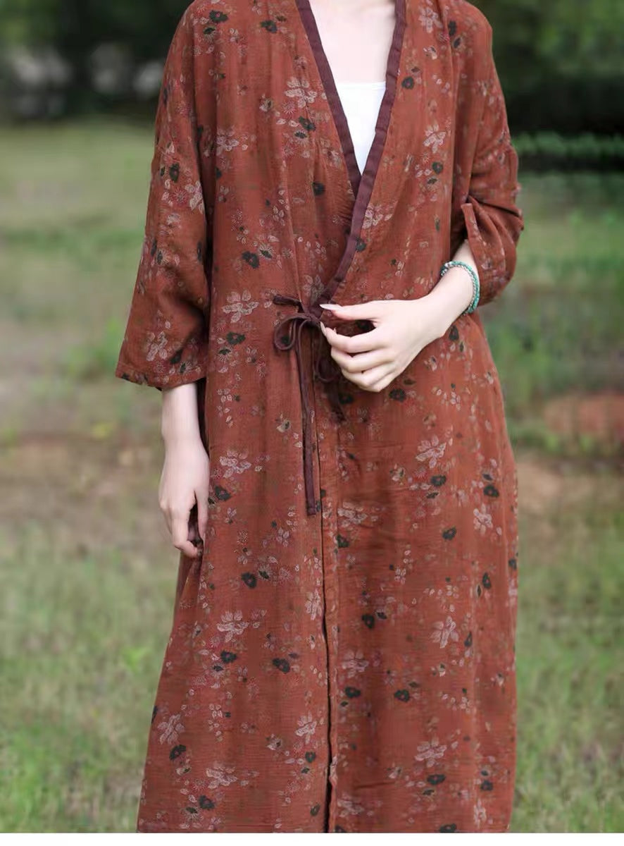 Close-up of unlined cotton kimono jacket fabric and coffee floral print