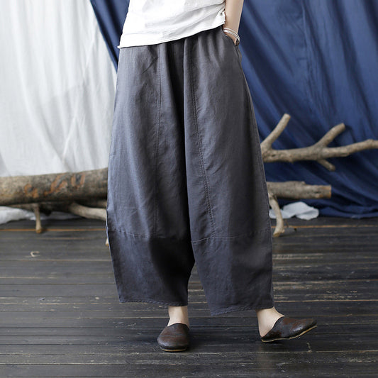 Model wearing elastic waist linen pants for everyday comfort