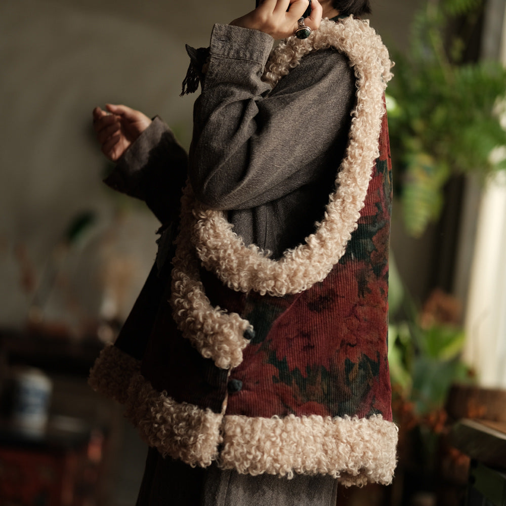 Close-up of vintage print on corduroy sherpa vest