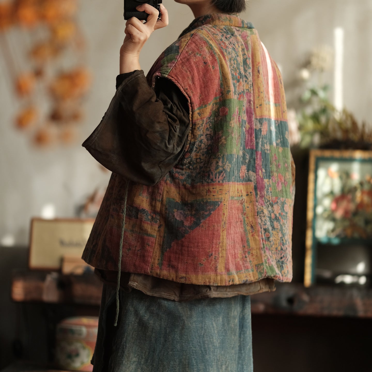 Back view of floral quilted cotton vest for women